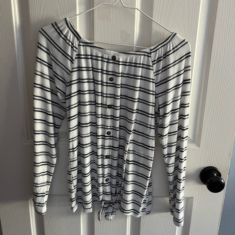 blue and white striped button up